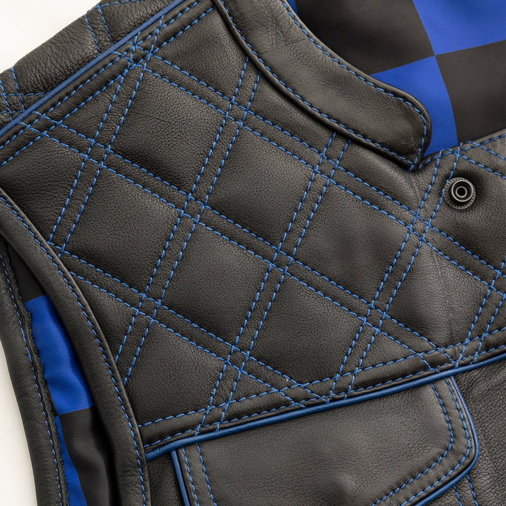 Finish Line - Blue Checker - Men's Motorcycle Leather Vest - Image 4