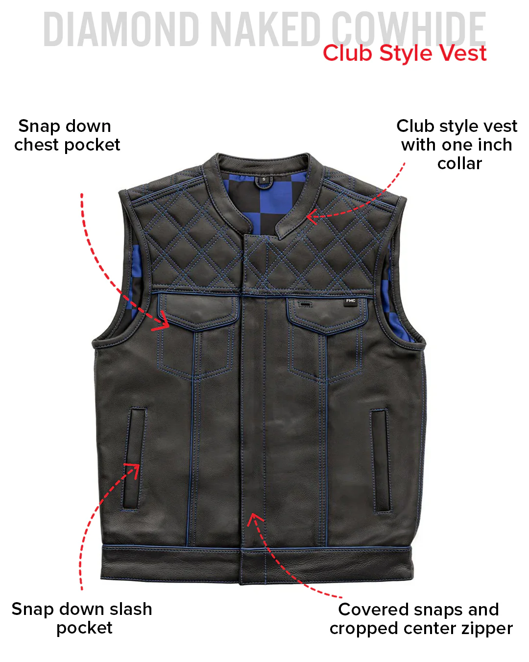 Finish Line - Blue Checker - Men's Motorcycle Leather Vest - Image 6