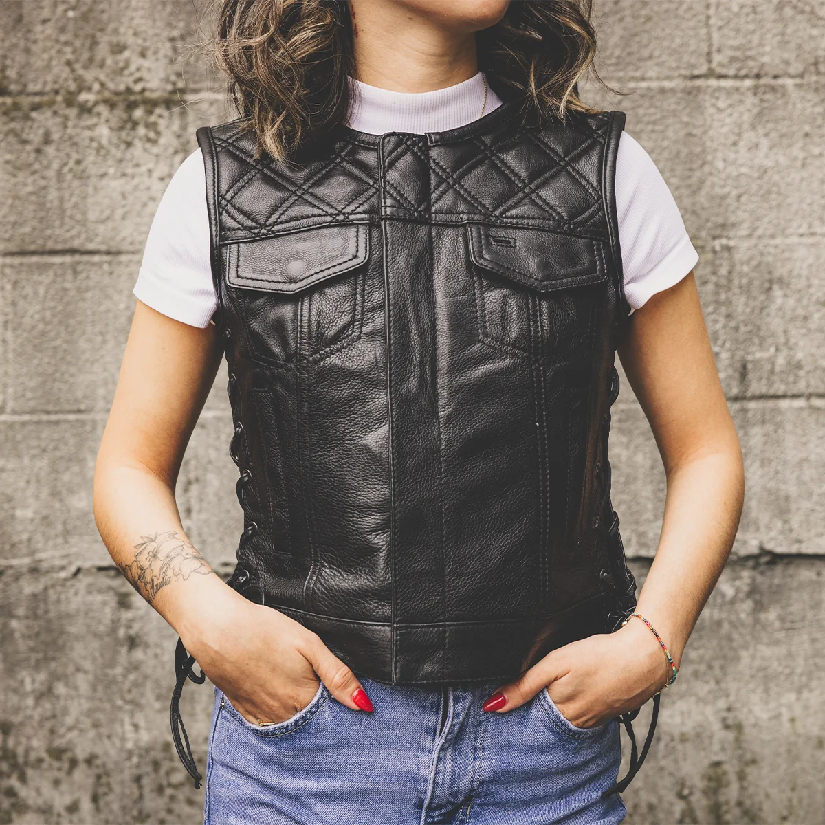 Bonnie - Women's Motorcycle Leather Vest - Diamond Quilt - Image 16