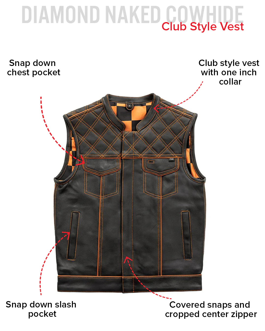 Finish Line - Orange Checker - Men's Motorcycle Leather Vest - Image 6