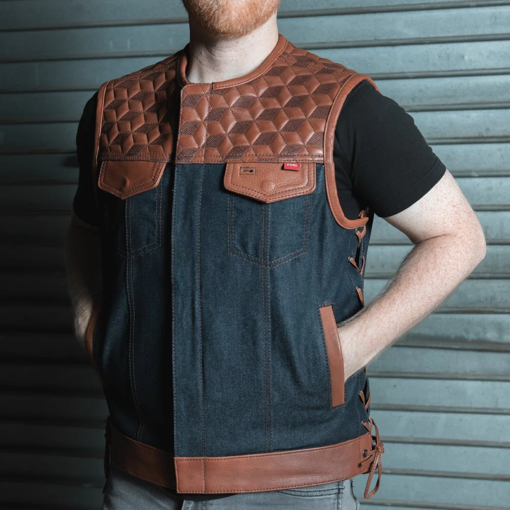 Red Label - Men's Club Style Leather/Denim Motorcycle Vest - Limited Edition - Image 5