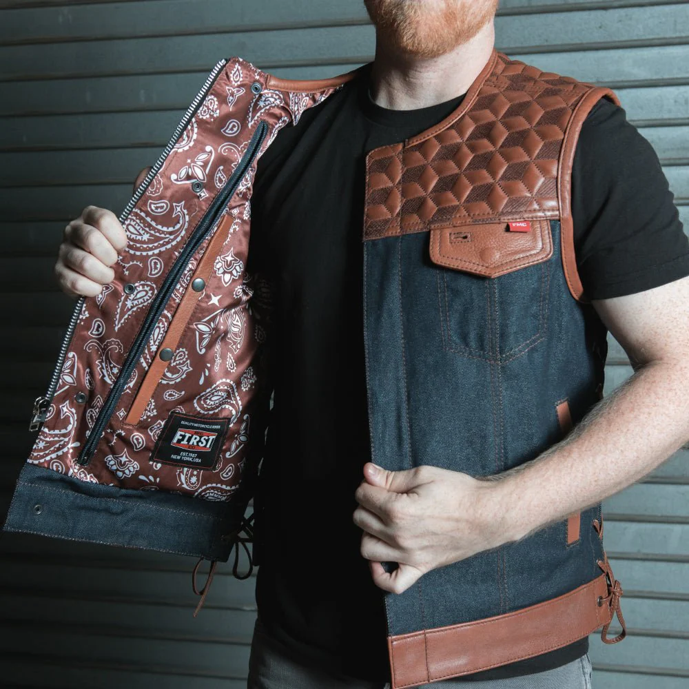 Red Label - Men's Club Style Leather/Denim Motorcycle Vest - Limited Edition - Image 6