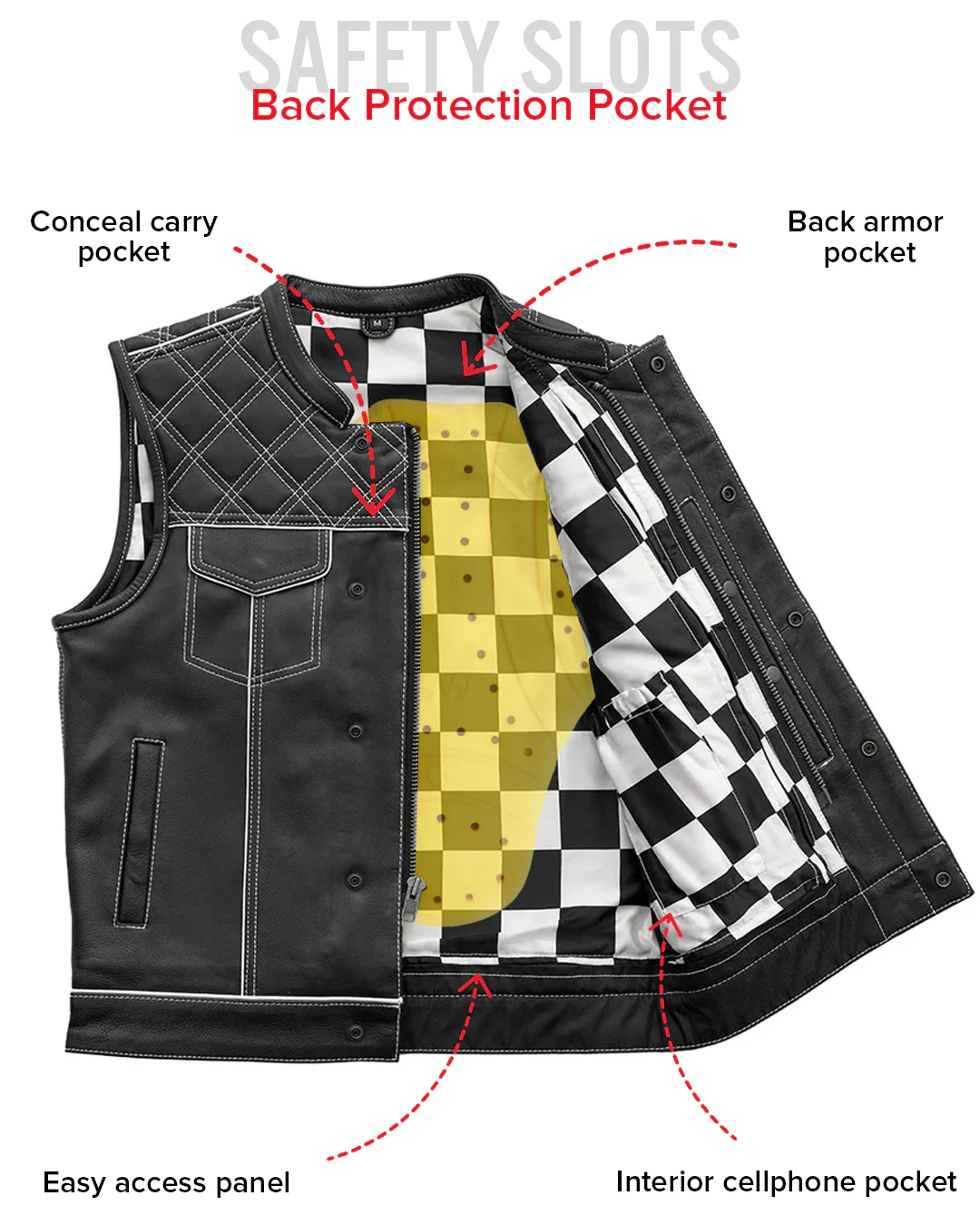 Finish Line - White Checker - Men's Motorcycle Leather Vest - Image 7